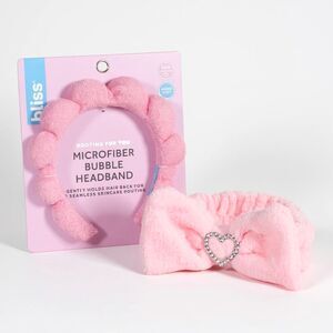 2 Microfiber Pink Spa Headbands - Elastic Bow w/ Rhinestone Heart & Bubble